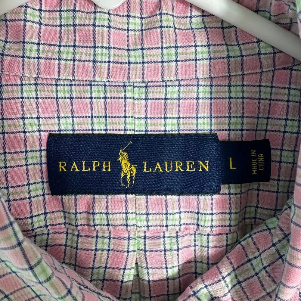 Ralph Lauren Pink Plaid Long Sleeve Button Down Collared Dress Shirt Cotton Sz L